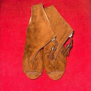 Chinese Laundry Tan Suede Peep-Toe Booties